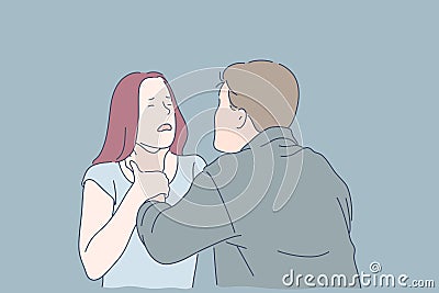 Strangulation, domestic violence, beating, alcohol problem, jealousy concept. Vector Illustration