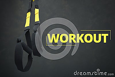 Straps training loop equipment. Black loop functional training equipment on grey background. Sport accessories. Fitness and Gym Stock Photo