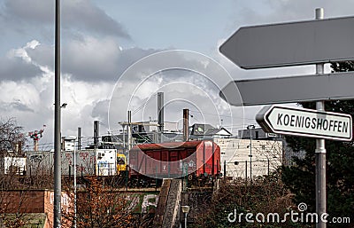 Strasbourg in Alsace. Urbanism. Interweaving of wires, trains, buildings, cars, roads Editorial Stock Photo