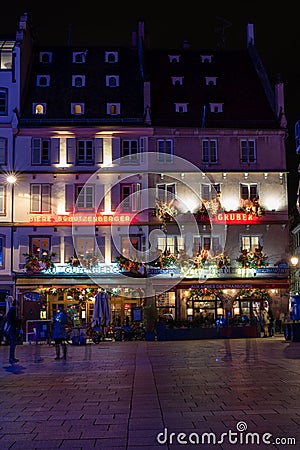 Strasbourg downtown at night during Christmas market, France, vertical, long exposure Editorial Stock Photo