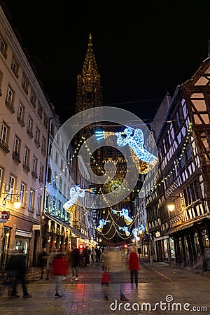 Strasbourg downtown at night during Christmas market, France, vertical, long exposure Editorial Stock Photo