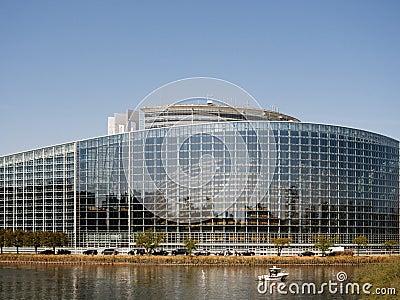 National Gendarmerie boat near European Parliament facade during Editorial Stock Photo