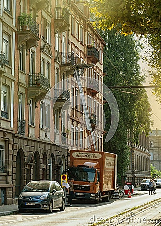 Relocation truck from Gangloff et Fils in operation Editorial Stock Photo