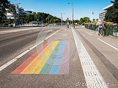 Gay pride LGBT flag in front of the European Court of Human Righ Editorial Stock Photo