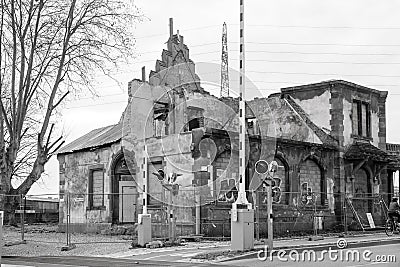 Monochrome shot of abandoned old restaurant Schutzenberger near Port du Rhin in Editorial Stock Photo