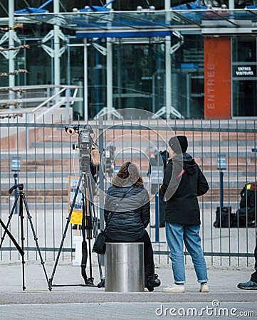 Rear view of journalists waiting in front of European Court for Human Rights Editorial Stock Photo