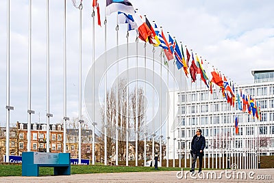 Flag of Russia flying half-mast at Council of Europe in Strasbou Editorial Stock Photo