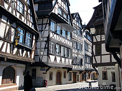 Strasbourg street, historic center, beautiful old houses, spring, april, France Editorial Stock Photo