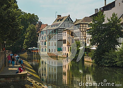 Strasbourg water channels crossing the city, colorful buldings Editorial Stock Photo