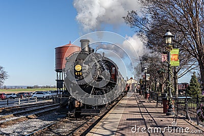 Strasburg Rail Road Steam Engine Pulls into the Station, Lancaster County, Pa Editorial Stock Photo