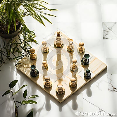 Strategic Battle: Abstract Chess Pieces on Marble Board Stock Photo