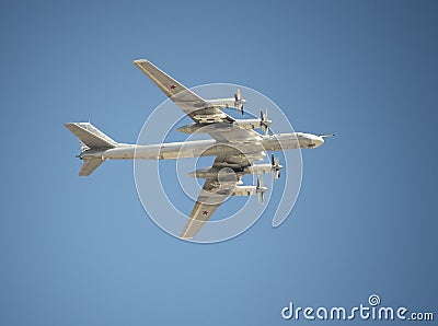 Strategic bomber Tu-95 `Bear` at the rehearsal of the parade dedicated to the 72th anniversary of the Victory Day Editorial Stock Photo