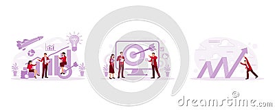 Strategic business planning, people in front of a big screen presenting business vision and mission, business team raising company Vector Illustration