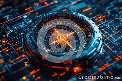 strategic decision making, a digital canvas displaying decision-making icons, with a focused compass, and empty space Stock Photo
