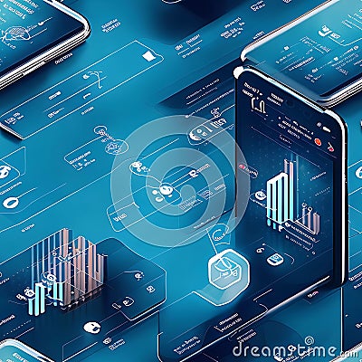 Fictional scenario where a company develops and deploys a mobile app for business analytics. Stock Photo