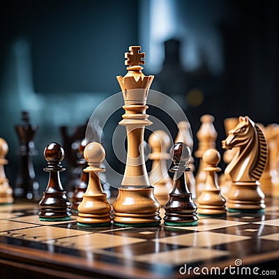 Strategic moves chess pieces arranged on the chessboard in closeup Stock Photo