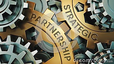 STRATEGIC PARTNERSHIP concept. Gold and silver gear wheel background illustration. 3d render Cartoon Illustration