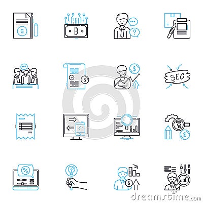Strategic planning linear icons set. Forecasting, Analysis, Goal-setting, Vision, Execution, Resource allocation Vector Illustration