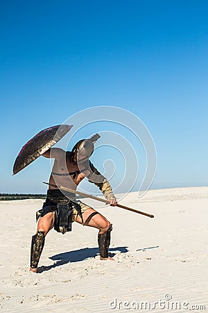 Strategic posture of the Spartan warrior attack Stock Photo