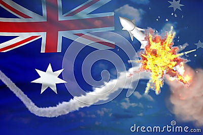 Australia intercepted nuclear warhead, modern antirocket destroys enemy missile concept, military industrial 3D illustration with Cartoon Illustration