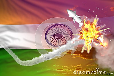 Strategic rocket destroyed in air, India ballistic missile protection concept - missile defense military industrial 3D Cartoon Illustration