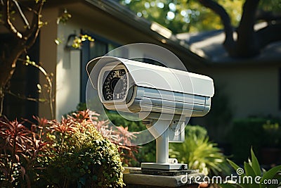 Strategically placed in a residential garden, this security camera stands vigilant, symbolizing homeowner vigilance Stock Photo