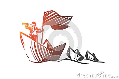 Strategy, course, boat, view, businessman concept. Hand drawn isolated vector. Cartoon Illustration