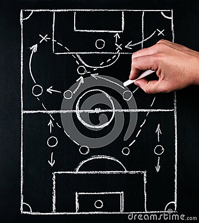 Strategy of football or soccer play tactics, drawn by chalk on the chalk board with a football coach during the time out. Stock Photo