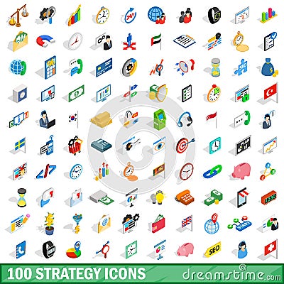 100 strategy icons set, isometric 3d style Vector Illustration