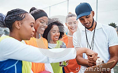 Strategy, planning and coach with netball team for sports game plan, teamwork and competition discussion. Man coaching Stock Photo