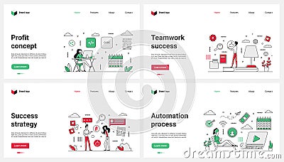 Strategy planning for profit, teamwork success, process automation set and tiny people Vector Illustration