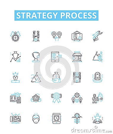 Strategy process vector line icons set. Planning, Analysis, Execution, Decision-Making, Allocation, Prioritization Vector Illustration
