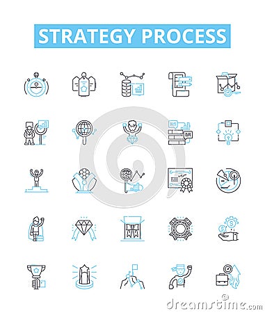 Strategy process vector line icons set. Planning, Analysis, Execution, Decision-Making, Allocation, Prioritization Cartoon Illustration