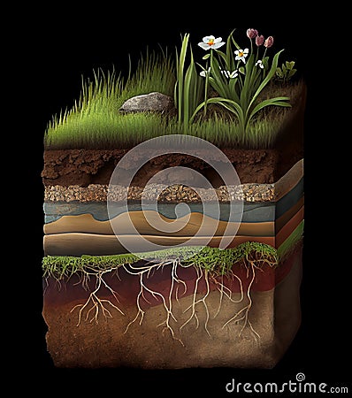 Stratigraphic section of soil with layers isolated on black background, created with generative AI Stock Photo