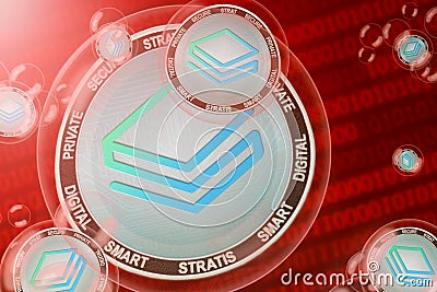 Stratis crash, bubble. Stratis STRAT cryptocurrency coins in a bubbles on the binary code background Stock Photo