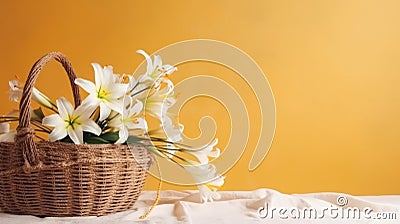 Straw basket with flowers, lilies and daisies, white and yellow with copy space. Generative AI Stock Photo