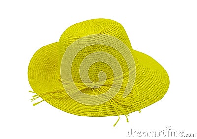 Straw beach sun hat fashion modern summer for women isolated on white background with clipping path. Vintage-style classic yellow Stock Photo