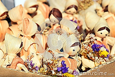 Straw dolls.Toy, souvenir. Wonderful little European dolls. Stock Photo