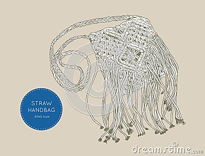 Straw Handbags boho style , sketch vector. Vector Illustration