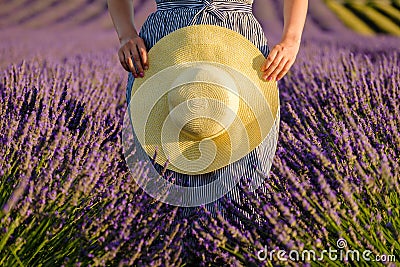Straw hat in the hands of a girl in a lavender field Stock Photo