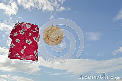 Straw hat and hawaii shirt on clothesline Stock Photo