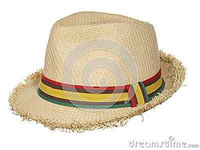 Straw hat with multi-colored ribbon isolated on white background Stock Photo