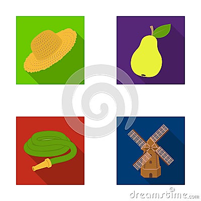 Straw hat, pear with leaf, watering hose, windmill. Farmer and gardening set collection icons in flat style vector Vector Illustration