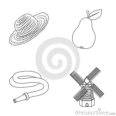 Straw hat, pear with leaf, watering hose, windmill. Farmer and gardening set collection icons in outline style vector Vector Illustration