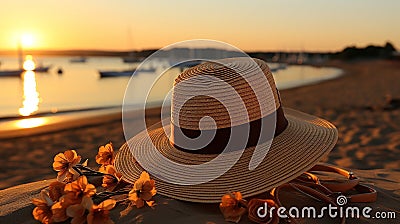 straw hat on sand on sunset sea beach ,boat on sea water,summer travel vacation Stock Photo