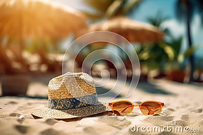 Straw hat, sunglasses on the beach sand against the background of straw umbrellas, tropical palm trees, sea or ocean. Summer Stock Photo