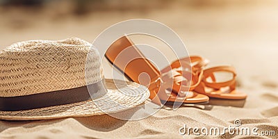 Straw hat and women orange sandals on the sand. Beach vacation concept background. Created with generative Ai Stock Photo