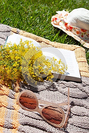 Straw hat, yellow wildflowers, open book, sunglasses on a brown knitted blanket on the lawn Stock Photo