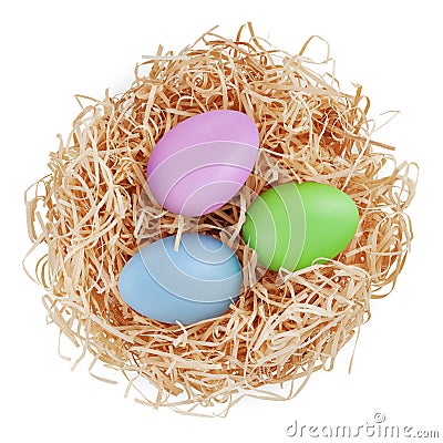 Straw nest filled with white eggs, top view isolated on white background. Happy Easter decorations, template for tag, gift Stock Photo