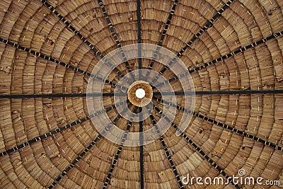 Straw thatched roof background with light bulb Stock Photo